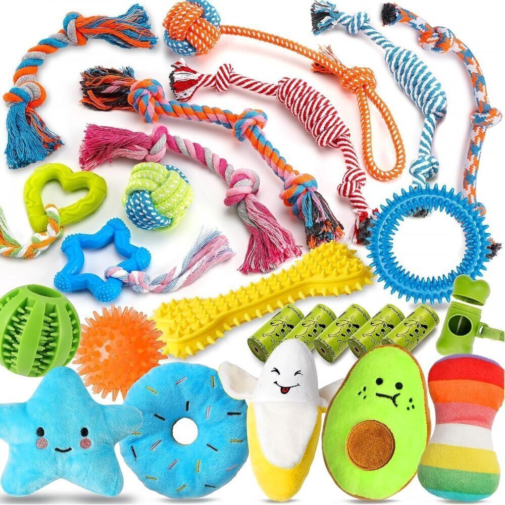 25 Pack Luxury Dog Chew Toys for Puppy, Dog Toys with Ropes, Treat Ball and Sque